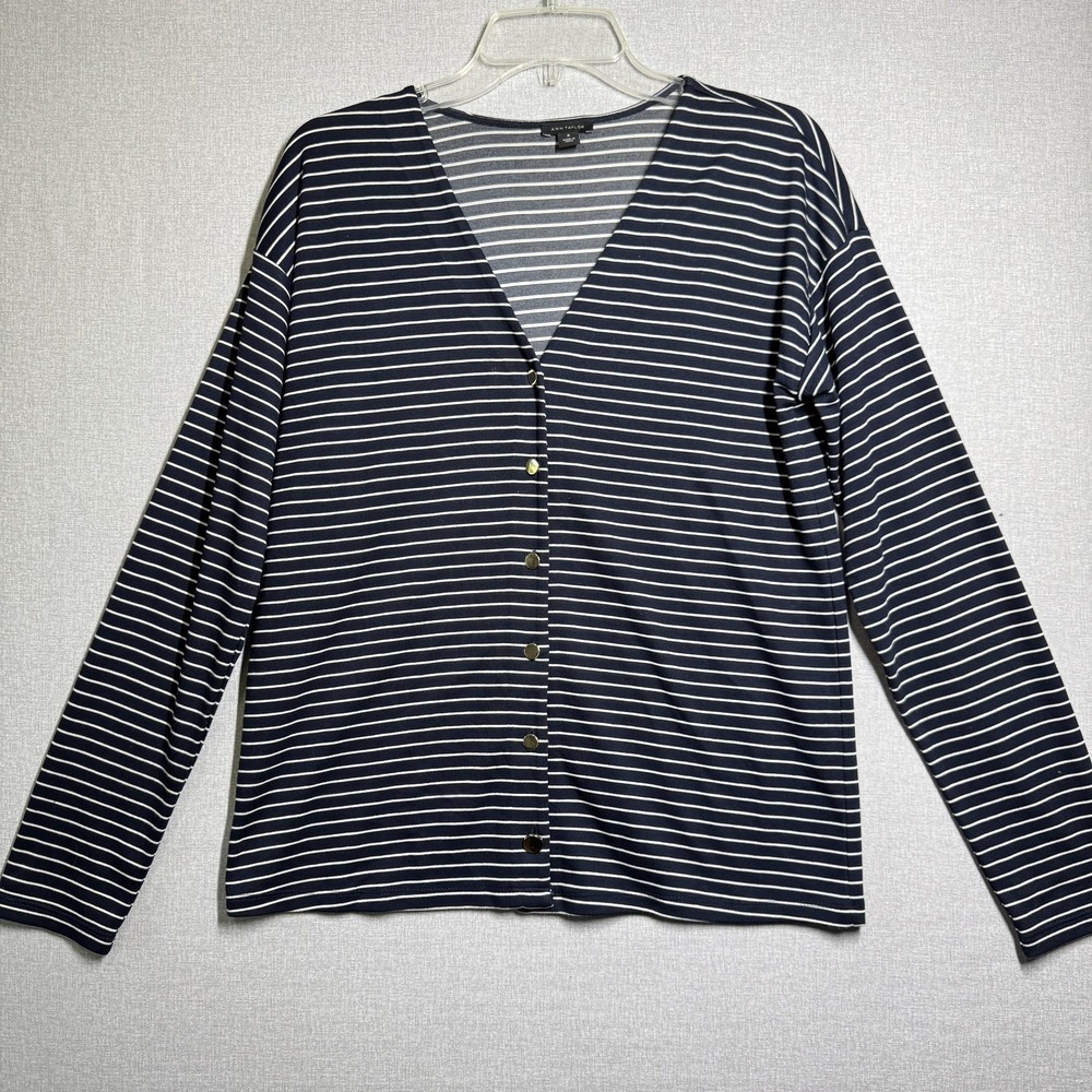 Ann Taylor Sweater Womens Medium Blue Striped Button Front Cardigan Knit